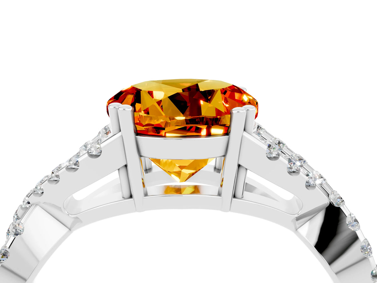 Round Cut Citrine Solitaire Ring in Platinum with Interwoven Pavé Band and Prong Setting_10