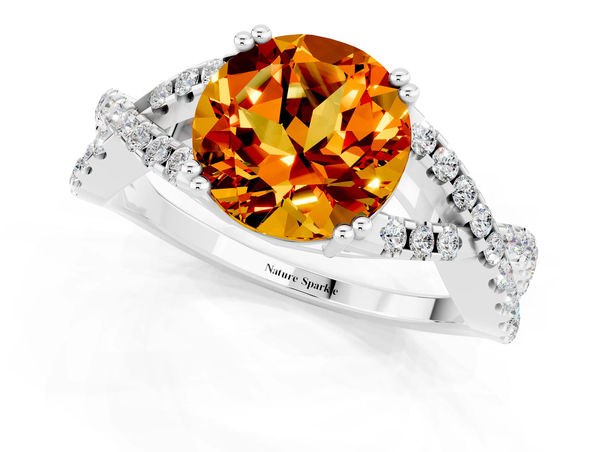 Round Cut Citrine Solitaire Ring in Platinum with Interwoven Pavé Band and Prong Setting_7