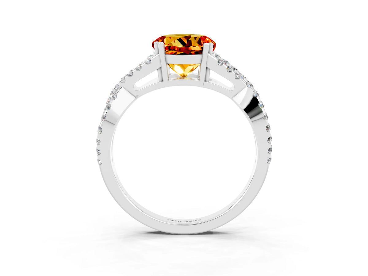 Round Cut Citrine Solitaire Ring in Platinum with Interwoven Pavé Band and Prong Setting_9