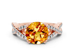 Round Cut Citrine Solitaire Ring in Rose gold with Interwoven Pavé Band and Prong Setting