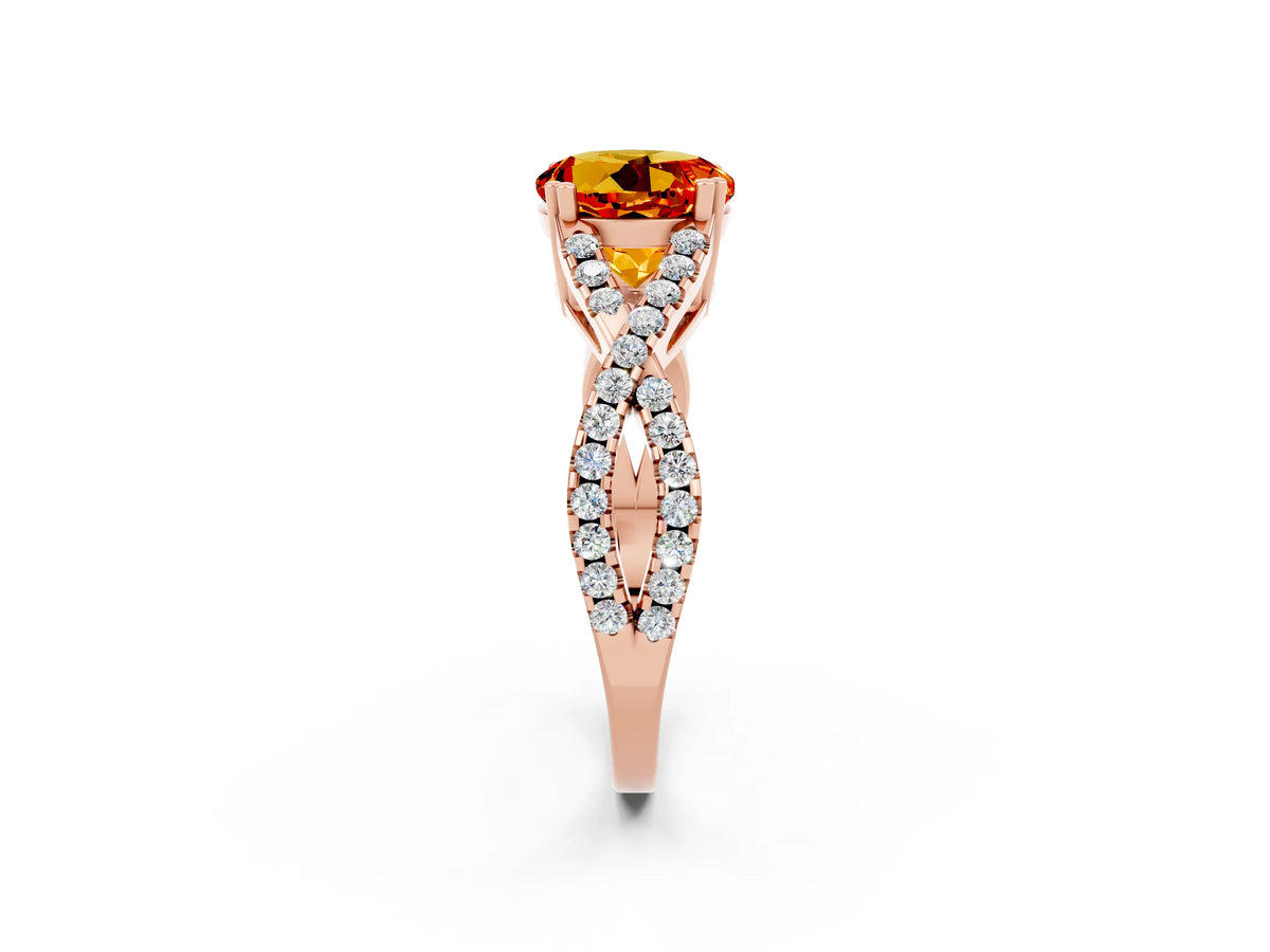 Round Cut Citrine Solitaire Ring in Rose gold with Interwoven Pavé Band and Prong Setting_2
