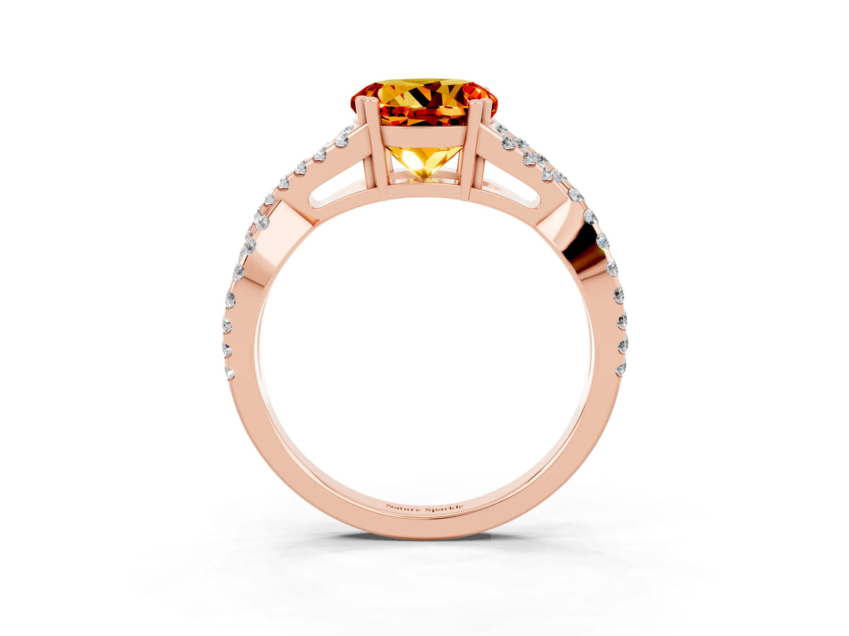 Round Cut Citrine Solitaire Ring in Rose gold with Interwoven Pavé Band and Prong Setting_3