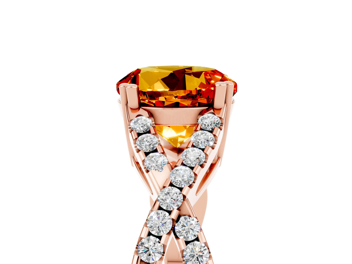 Round Cut Citrine Solitaire Ring in Rose gold with Interwoven Pavé Band and Prong Setting_5