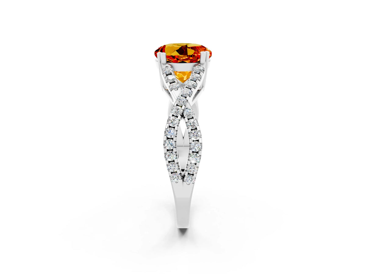Round Cut Citrine Solitaire Ring in White gold with Interwoven Pavé Band and Prong Setting_2
