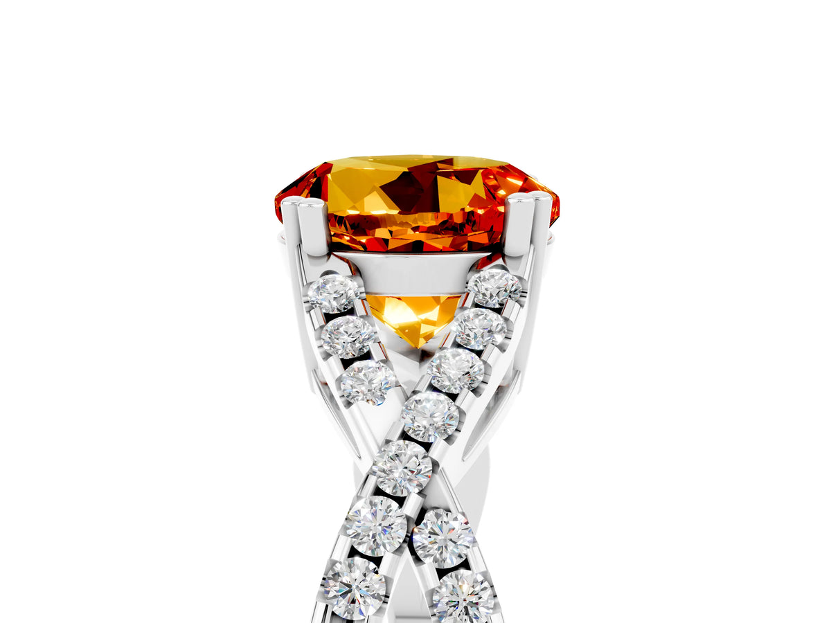 Round Cut Citrine Solitaire Ring in White gold with Interwoven Pavé Band and Prong Setting_5