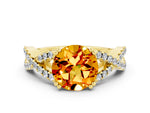 Round Cut Citrine Solitaire Ring in Yellow gold with Interwoven Pavé Band and Prong Setting