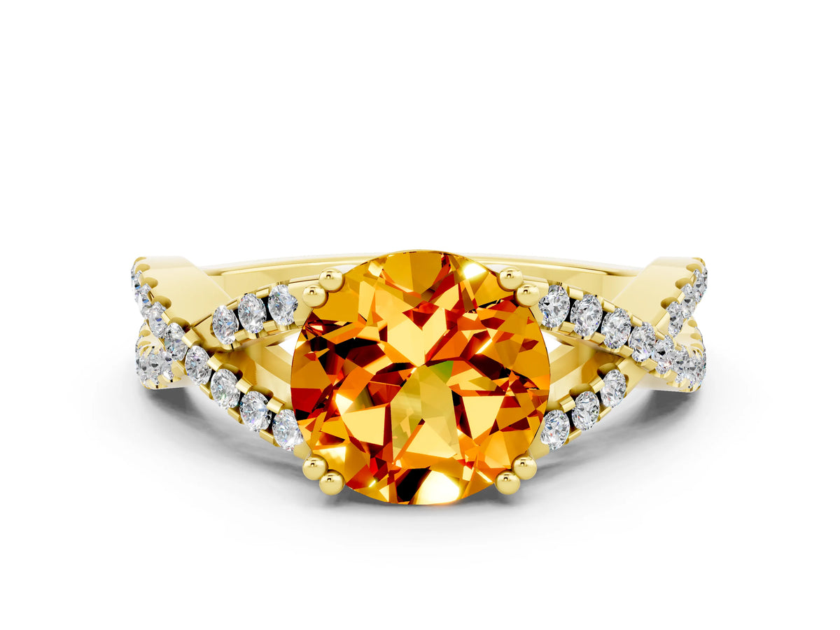 Round Cut Citrine Solitaire Ring in Yellow gold with Interwoven Pavé Band and Prong Setting