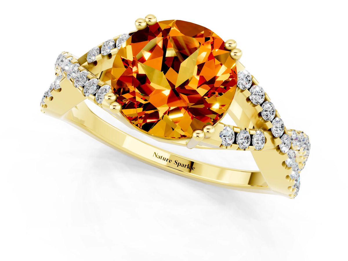 Round Cut Citrine Solitaire Ring in Yellow gold with Interwoven Pavé Band and Prong Setting_1