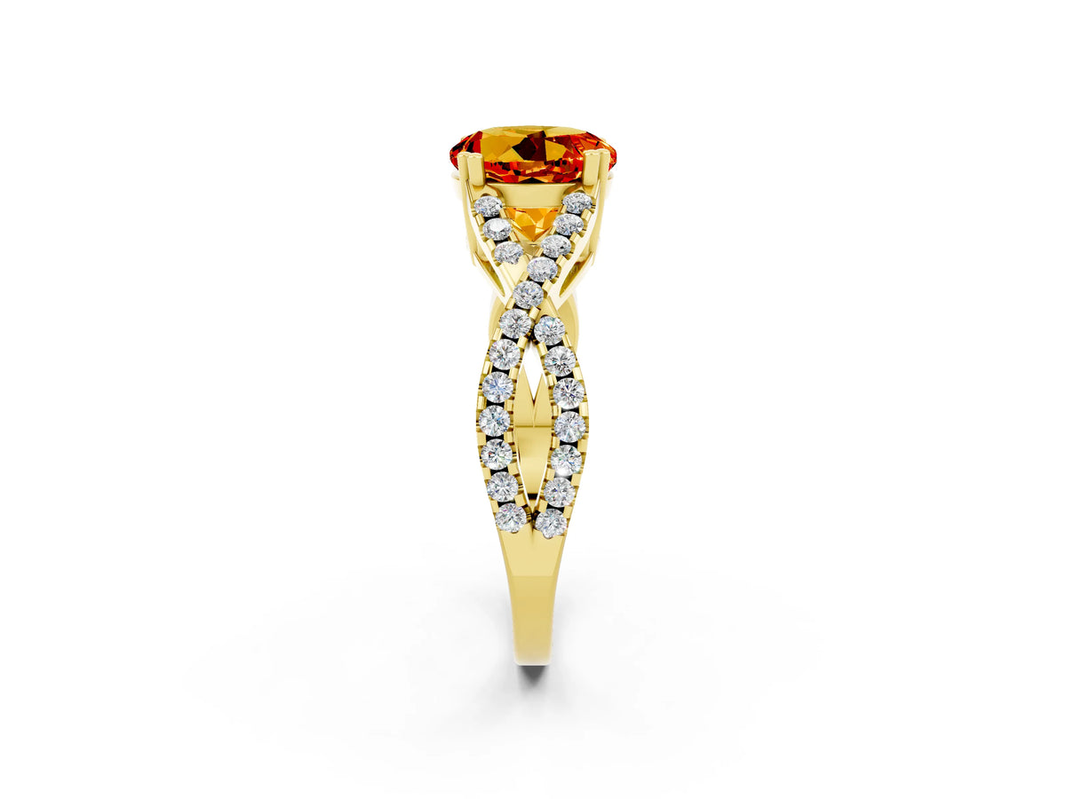Round Cut Citrine Solitaire Ring in Yellow gold with Interwoven Pavé Band and Prong Setting_2