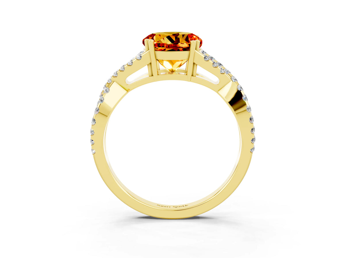 Round Cut Citrine Solitaire Ring in Yellow gold with Interwoven Pavé Band and Prong Setting_3