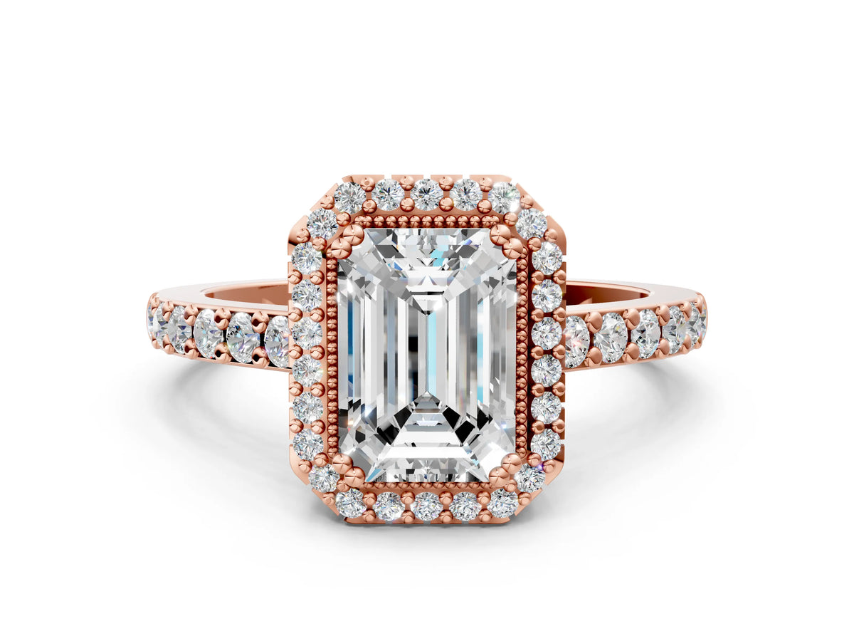 Round Cut Diamond Halo Engagement Ring in Rose gold with Milgrain Detail and Pavé Band
