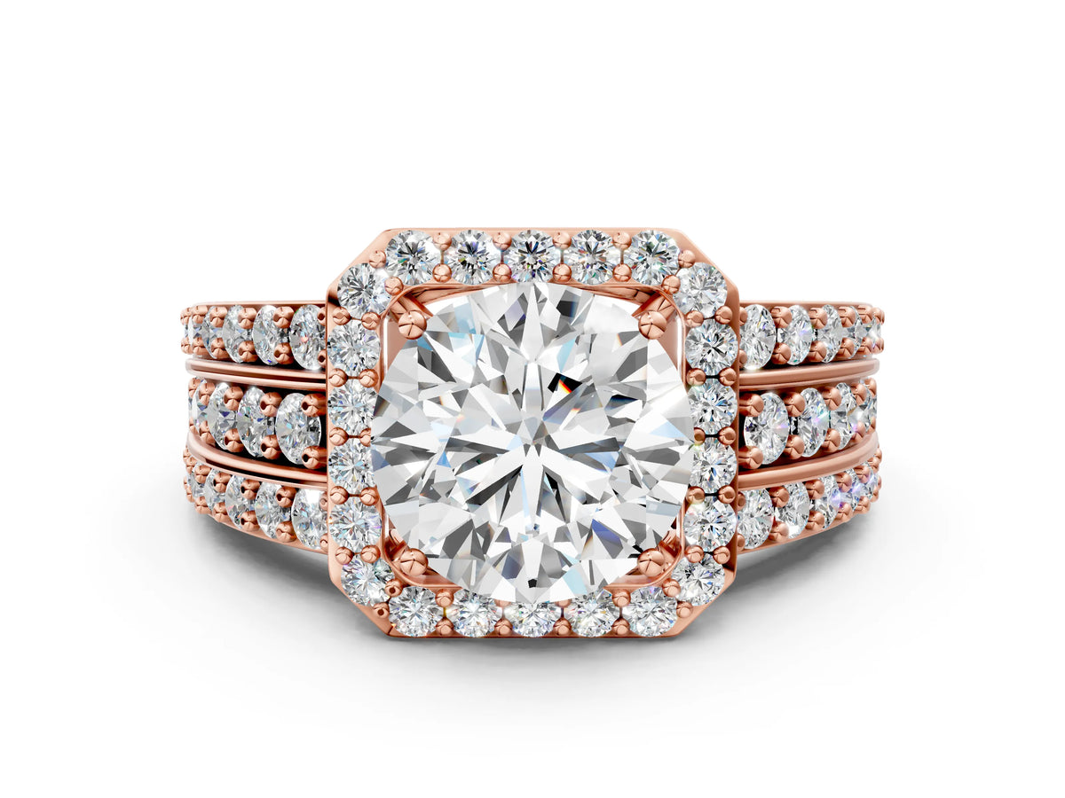 Round Cut Diamond Halo Engagement Ring in Rose gold with Triple-Row Round Band_12