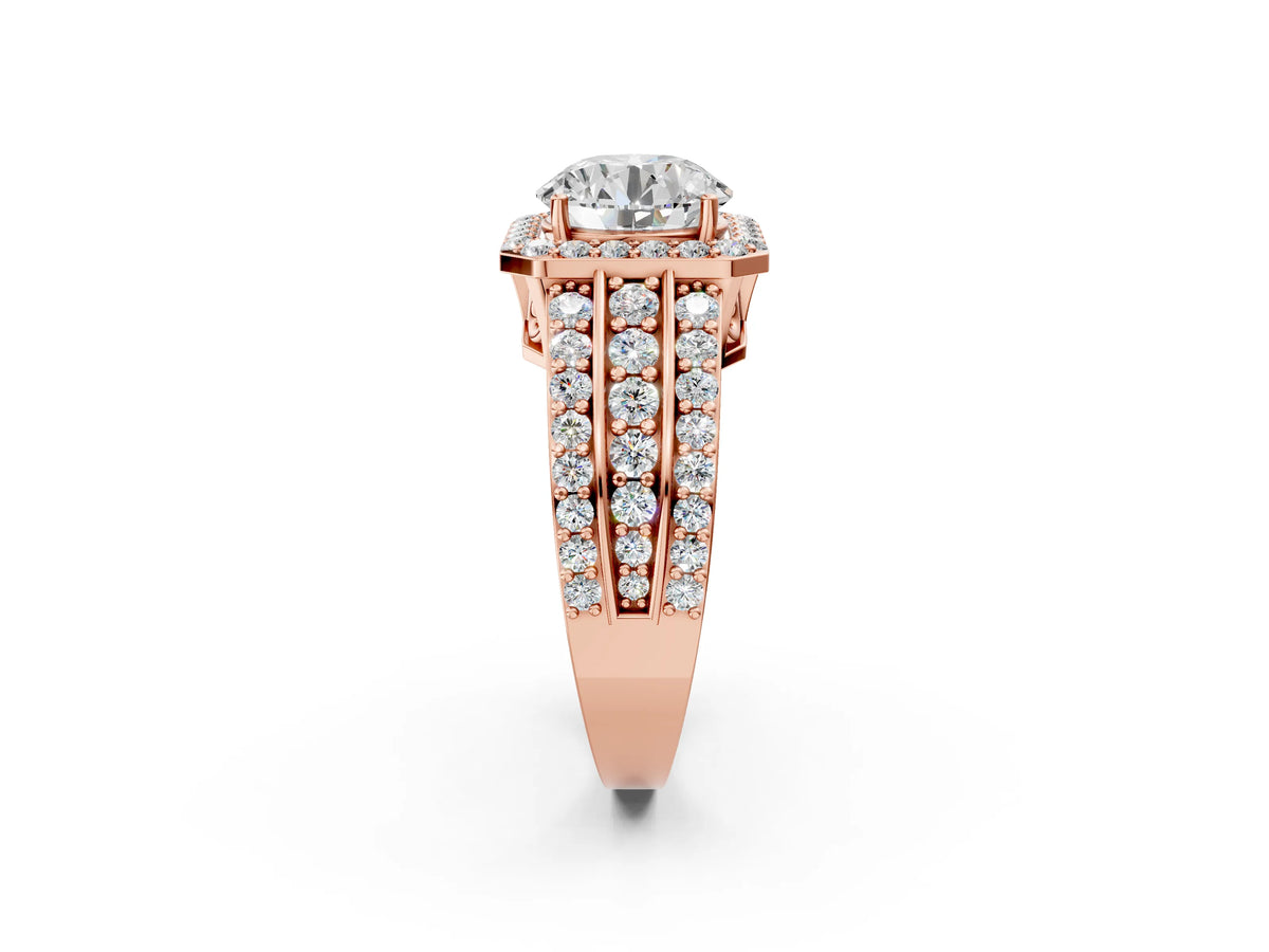 Round Cut Diamond Halo Engagement Ring in Rose gold with Triple-Row Round Band_14