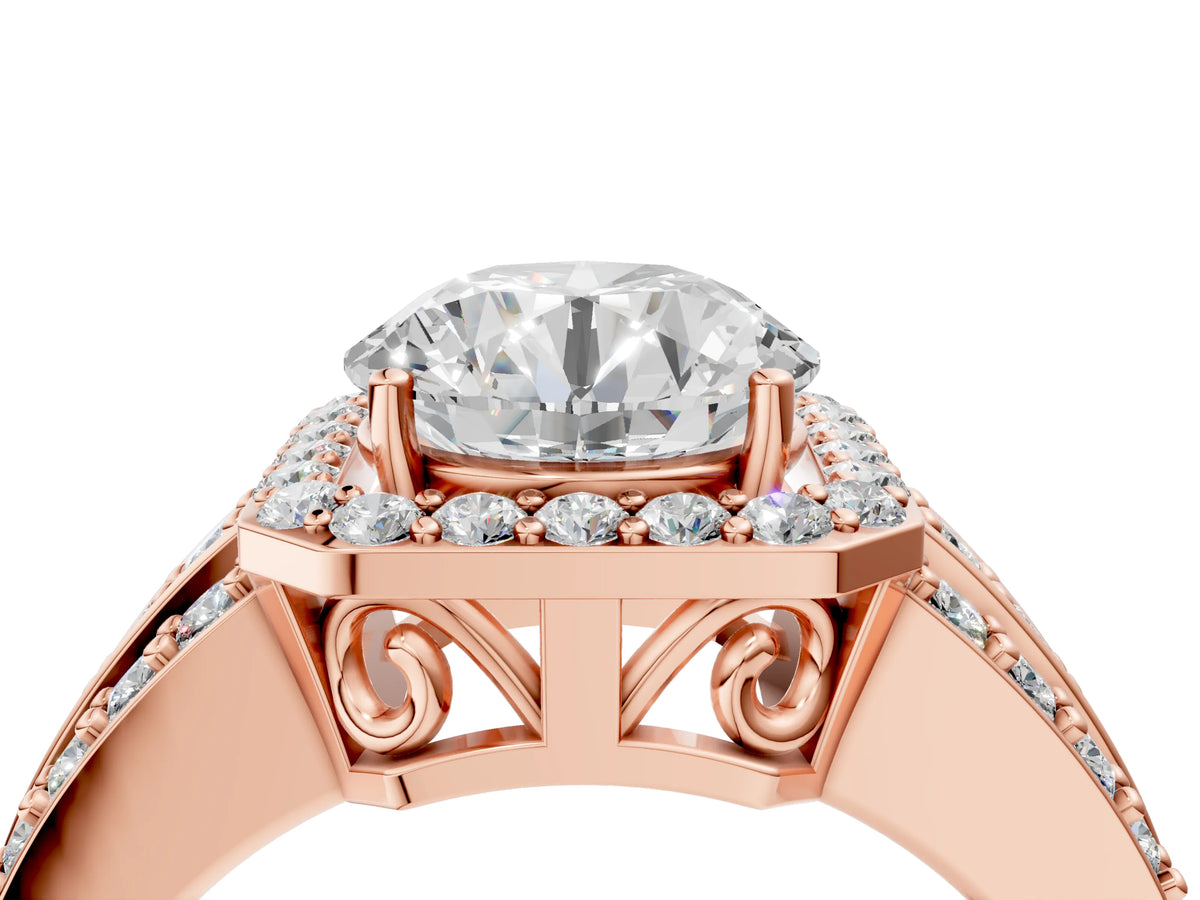 Round Cut Diamond Halo Engagement Ring in Rose gold with Triple-Row Round Band_16