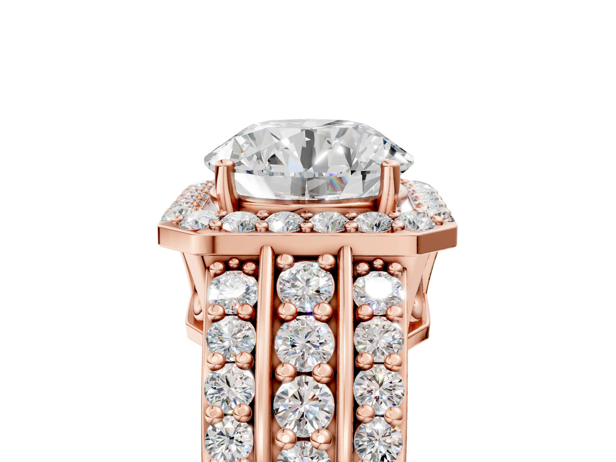 Round Cut Diamond Halo Engagement Ring in Rose gold with Triple-Row Round Band_17