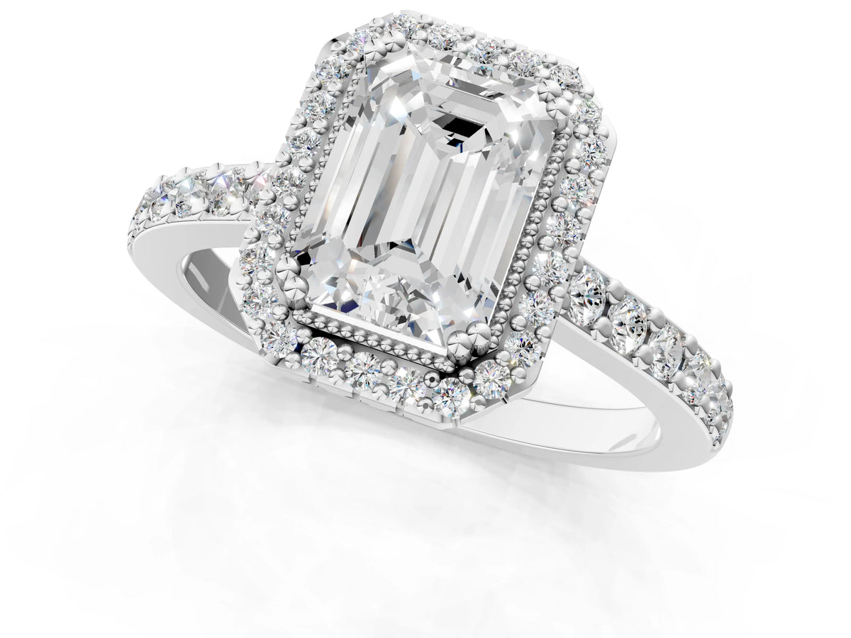 Round Cut Diamond Halo Engagement Ring in Silver with Milgrain Detail and Pavé Band_1
