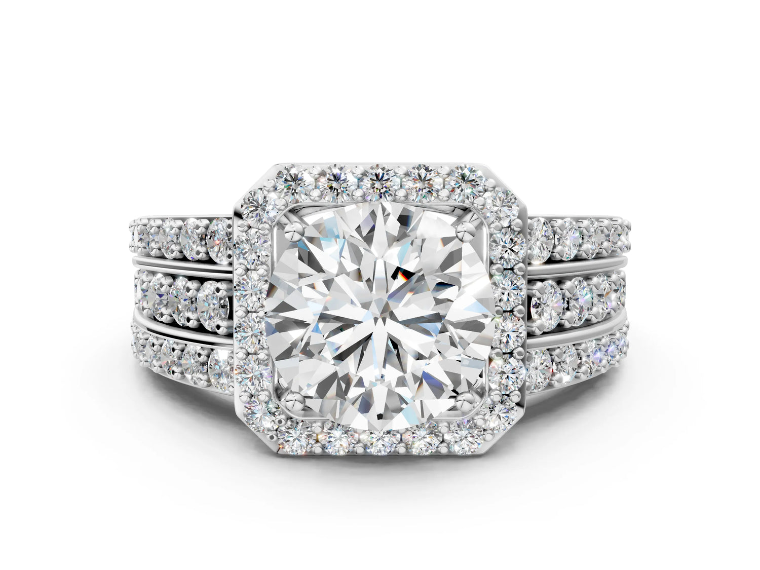 Round Cut Diamond Halo Engagement Ring in White gold with Triple-Row Round Band_12