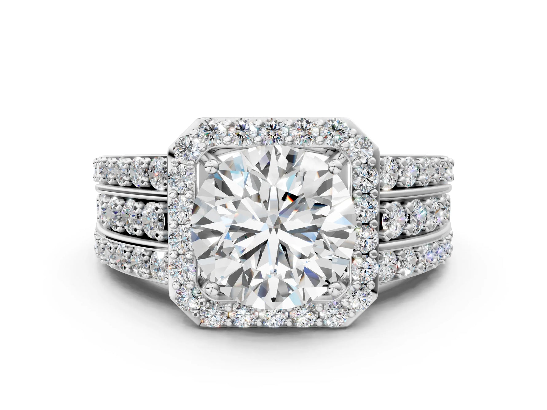 Round Cut Diamond Halo Engagement Ring in White gold with Triple-Row Round Band_12