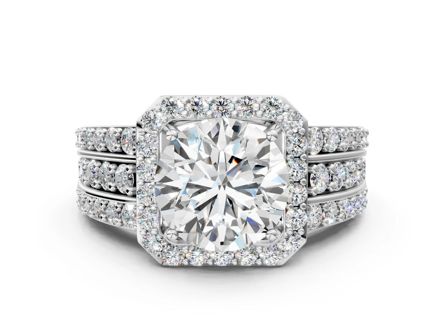 Round Cut Diamond Halo Engagement Ring in Platinum with Triple-Row Round Band