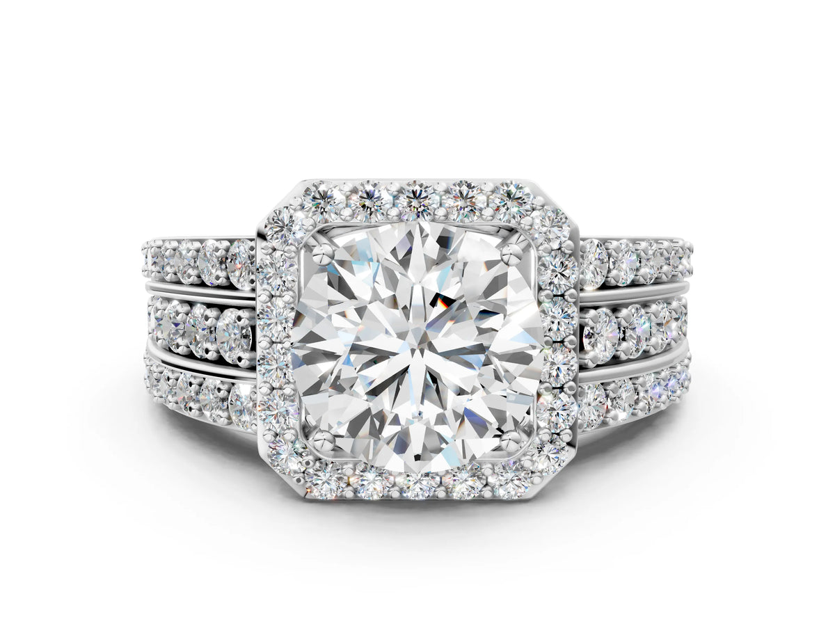 Round Cut Diamond Halo Engagement Ring in White gold with Triple-Row Round Band_12