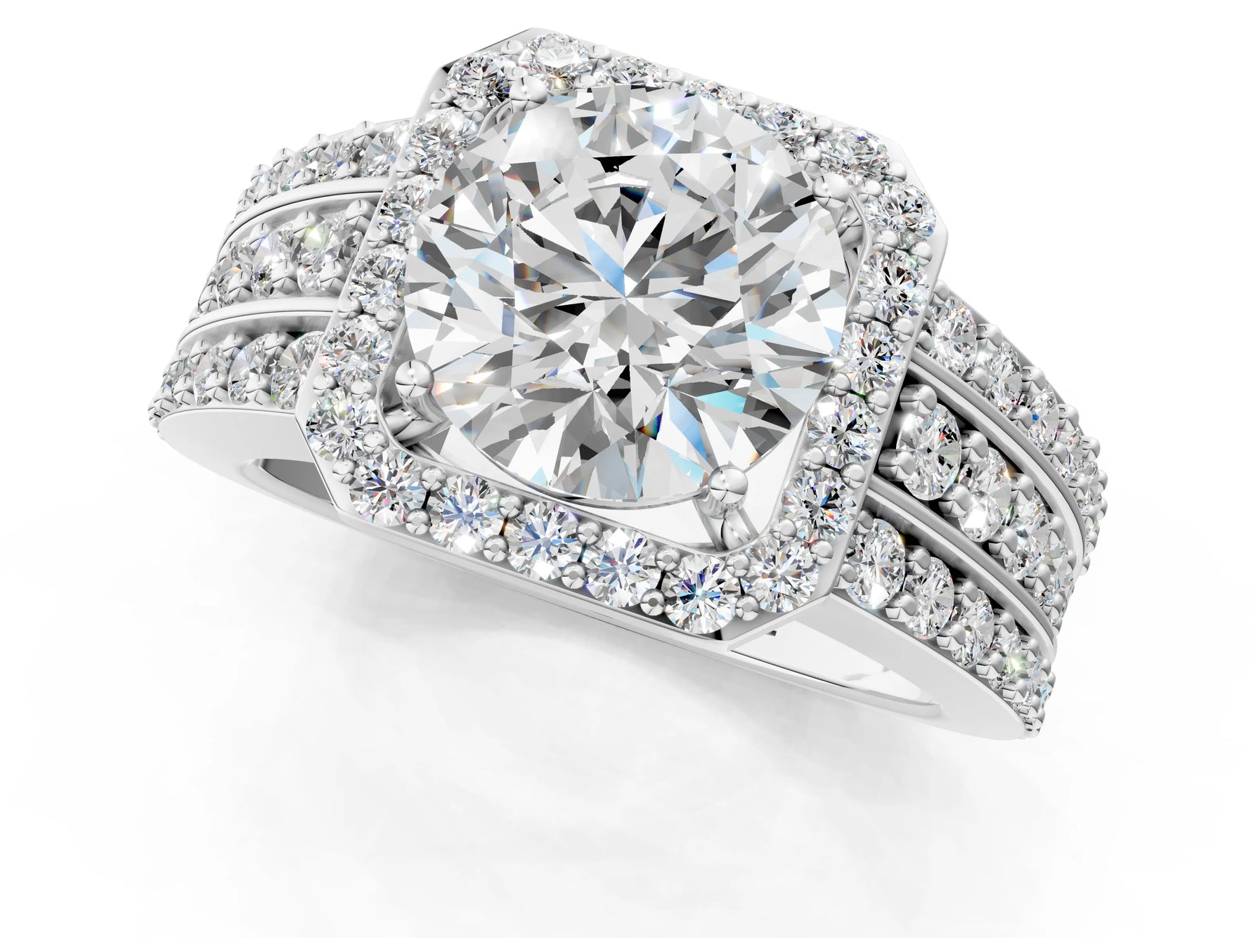 Round Cut Diamond Halo Engagement Ring in White gold with Triple-Row Round Band_13
