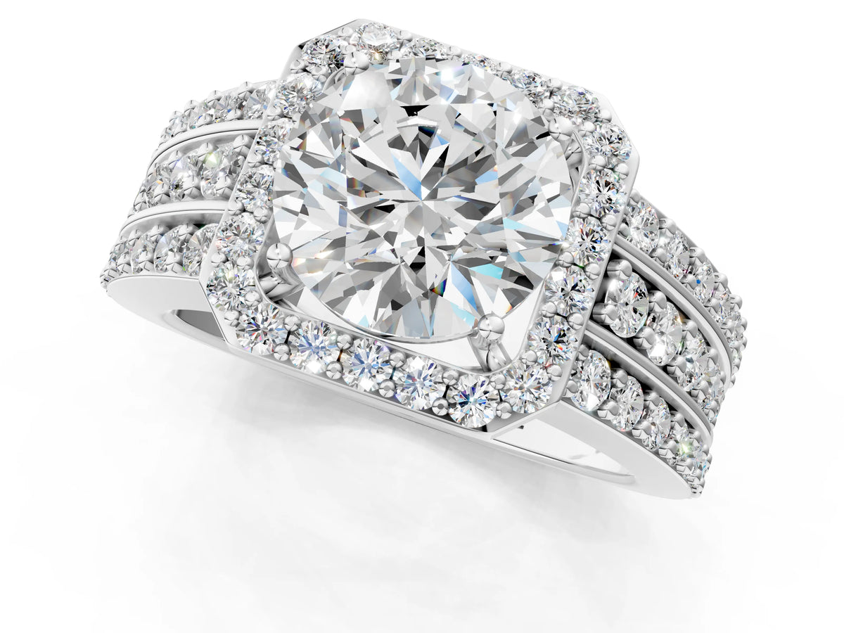 Round Cut Diamond Halo Engagement Ring in White gold with Triple-Row Round Band_13