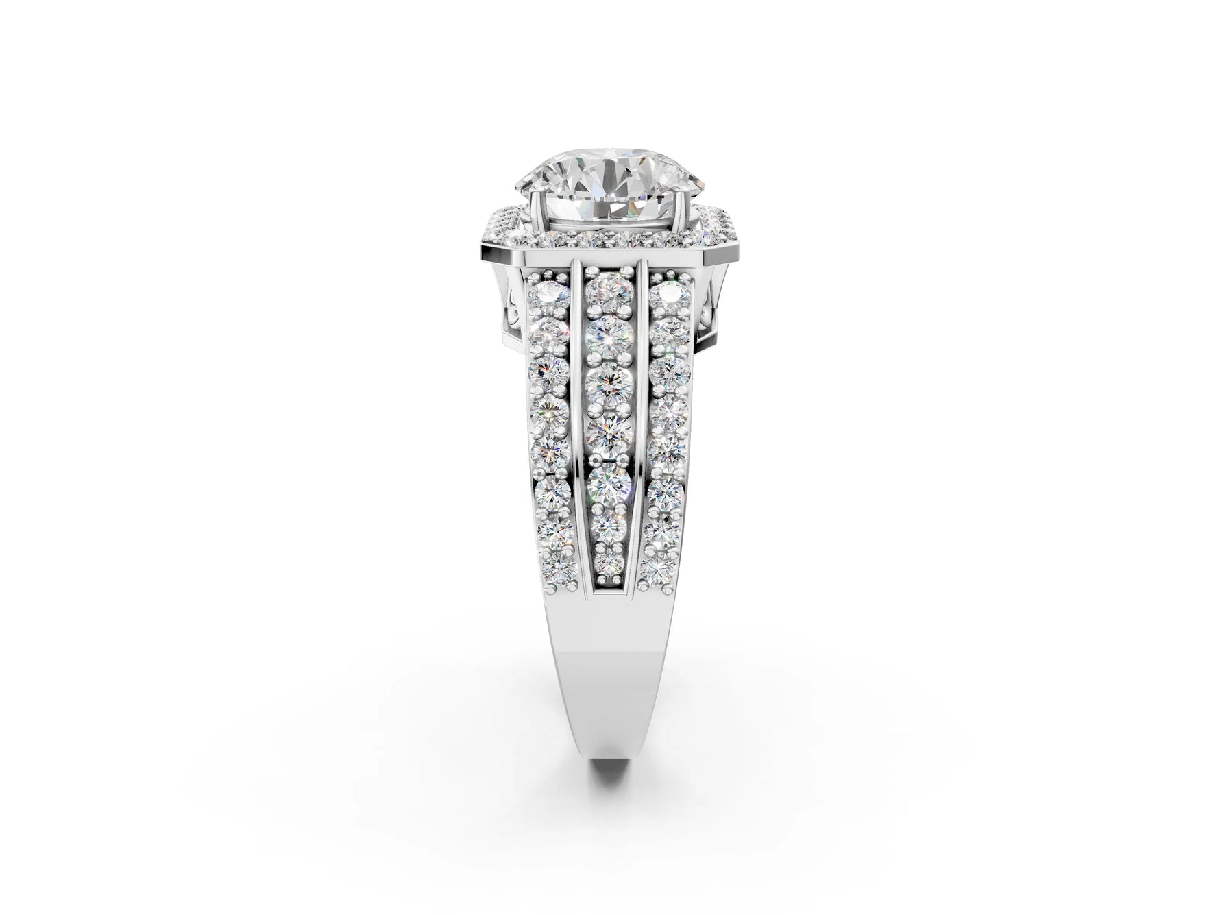 Round Cut Diamond Halo Engagement Ring in White gold with Triple-Row Round Band_14