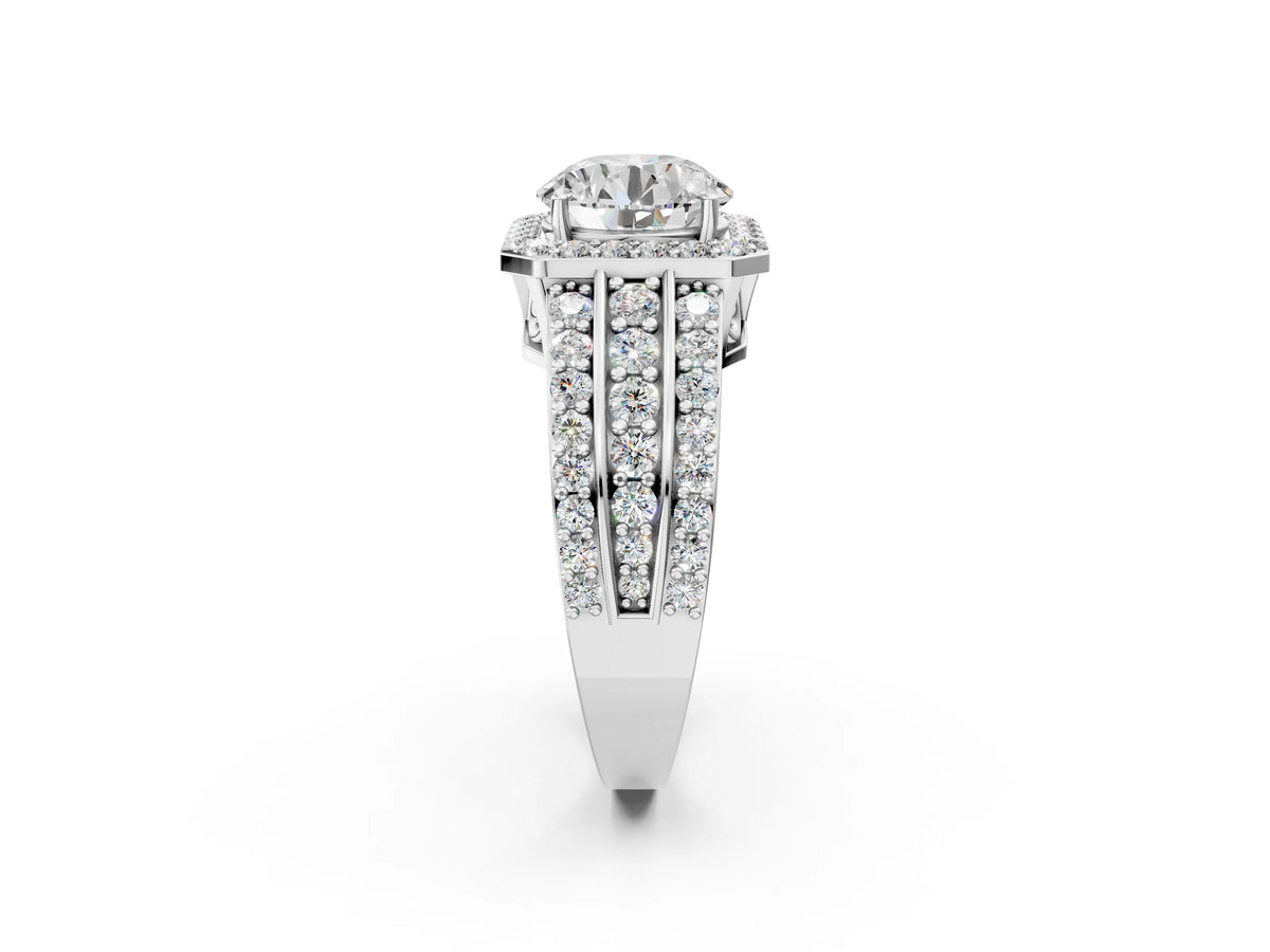Round Cut Diamond Halo Engagement Ring in White gold with Triple-Row Round Band_14