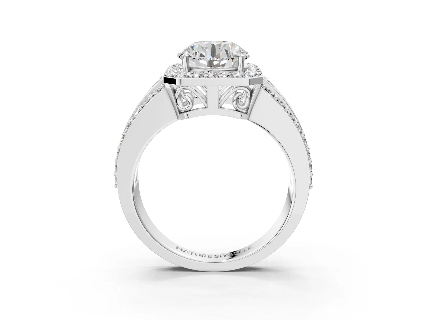 Round Cut Diamond Halo Engagement Ring in White gold with Triple-Row Round Band_15