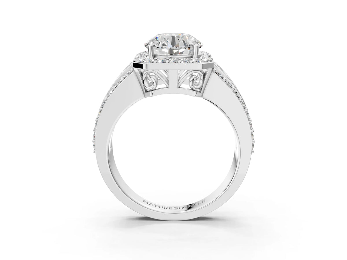Round Cut Diamond Halo Engagement Ring in White gold with Triple-Row Round Band_15