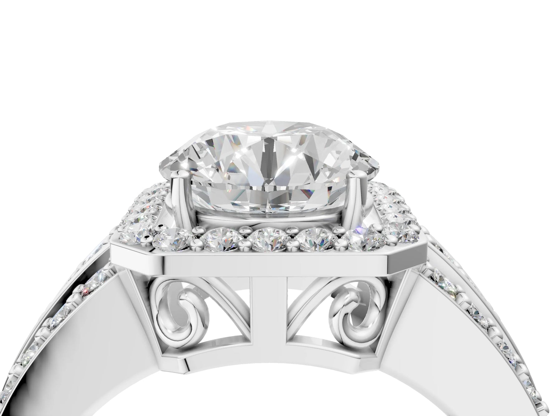 Round Cut Diamond Halo Engagement Ring in White gold with Triple-Row Round Band_16