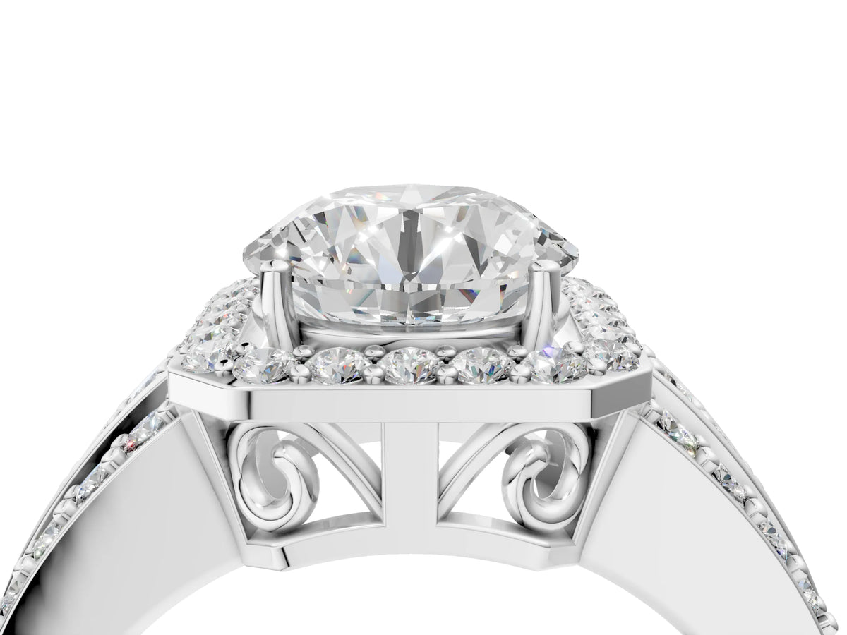 Round Cut Diamond Halo Engagement Ring in White gold with Triple-Row Round Band_16