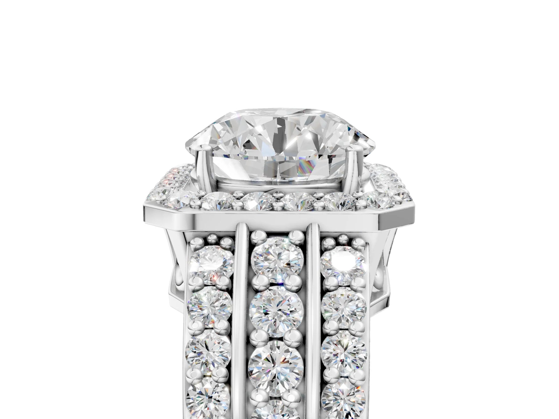 Round Cut Diamond Halo Engagement Ring in White gold with Triple-Row Round Band_17