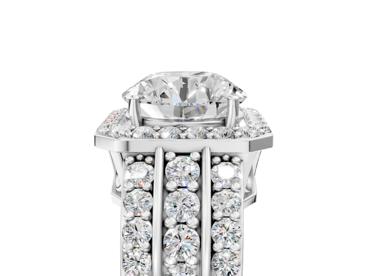 Round Cut Diamond Halo Engagement Ring in White gold with Triple-Row Round Band_17