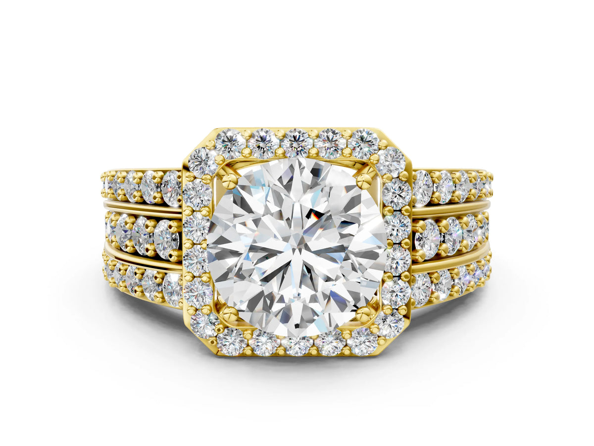 Round Cut Diamond Halo Engagement Ring in Yellow gold with Triple-Row Round Band_12