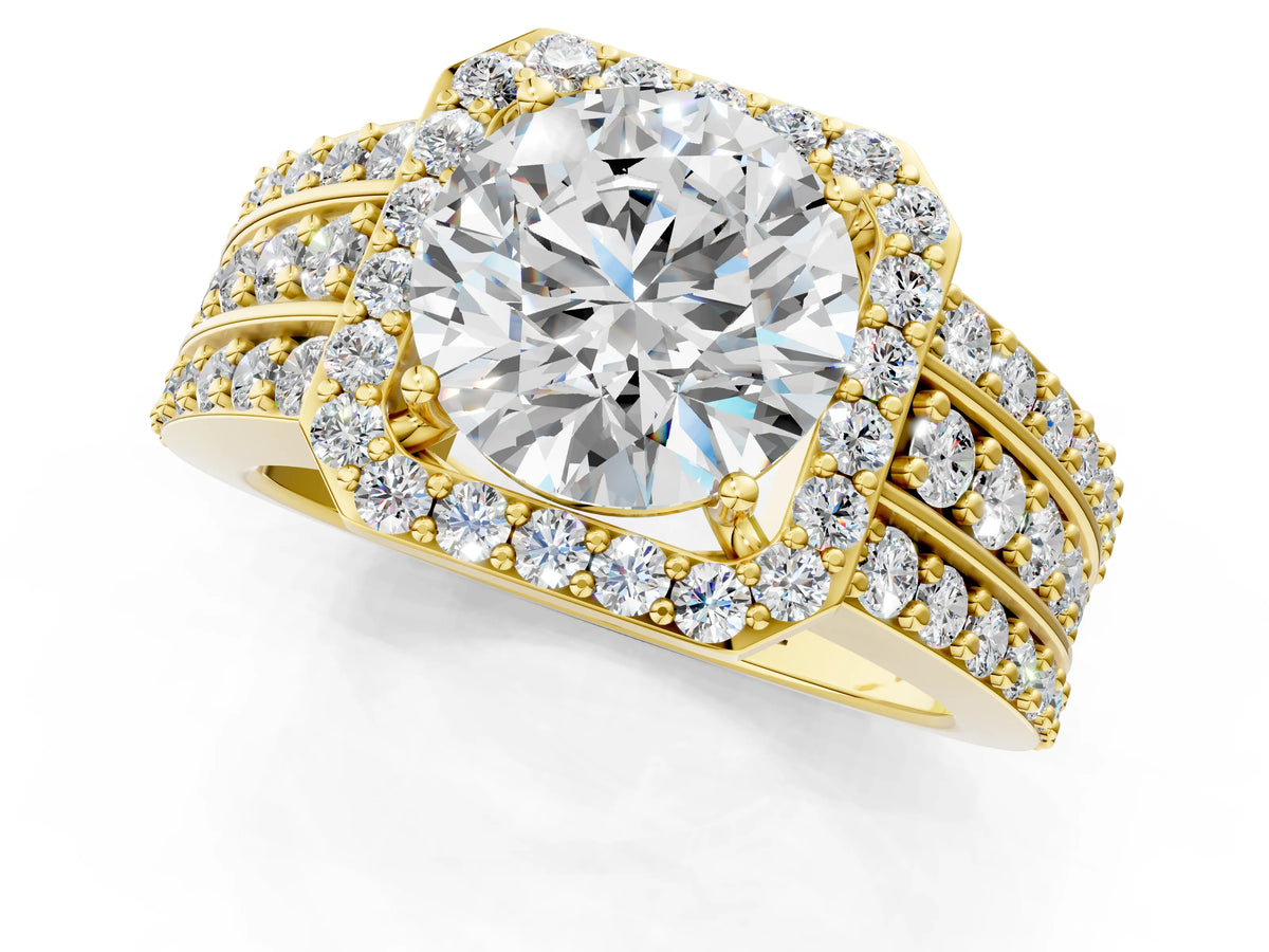 Round Cut Diamond Halo Engagement Ring in Yellow gold with Triple-Row Round Band_13