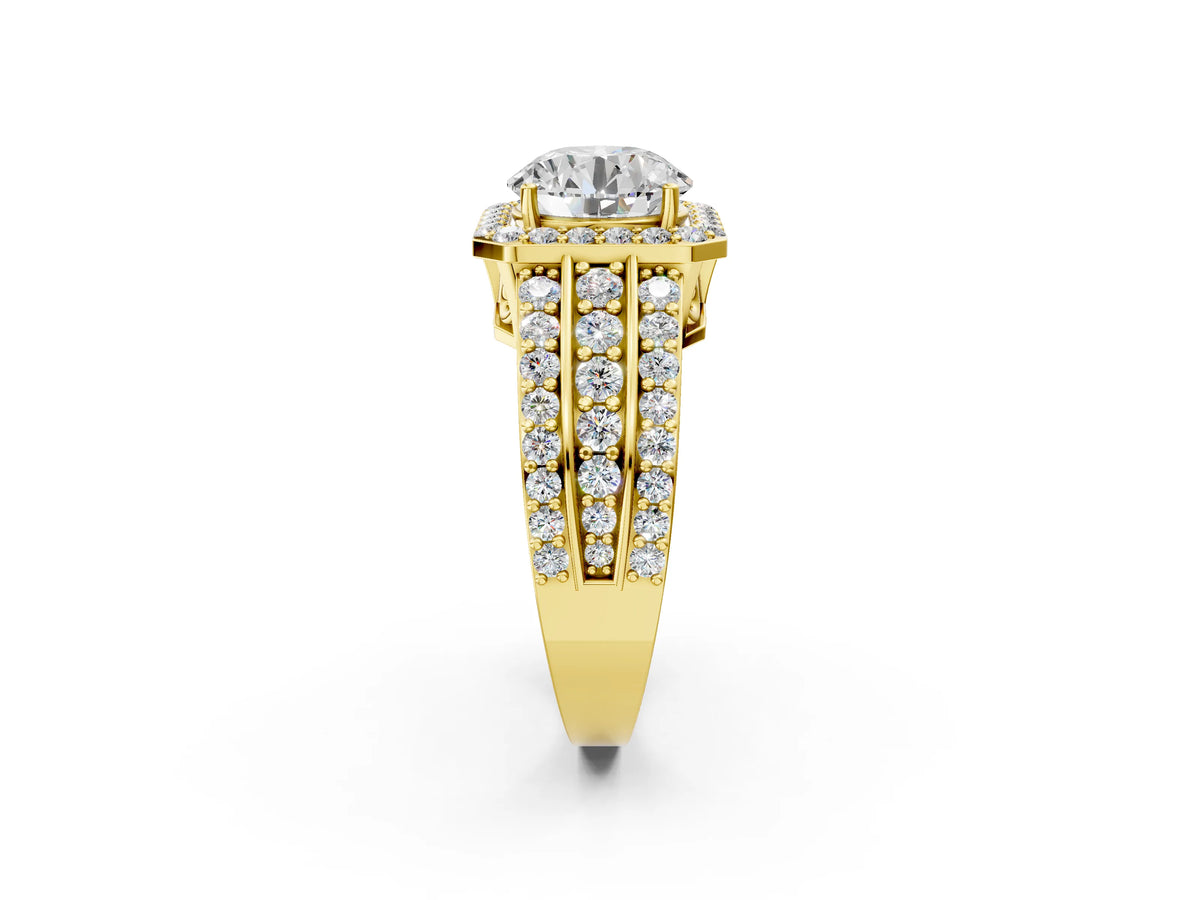 Round Cut Diamond Halo Engagement Ring in Yellow gold with Triple-Row Round Band_14
