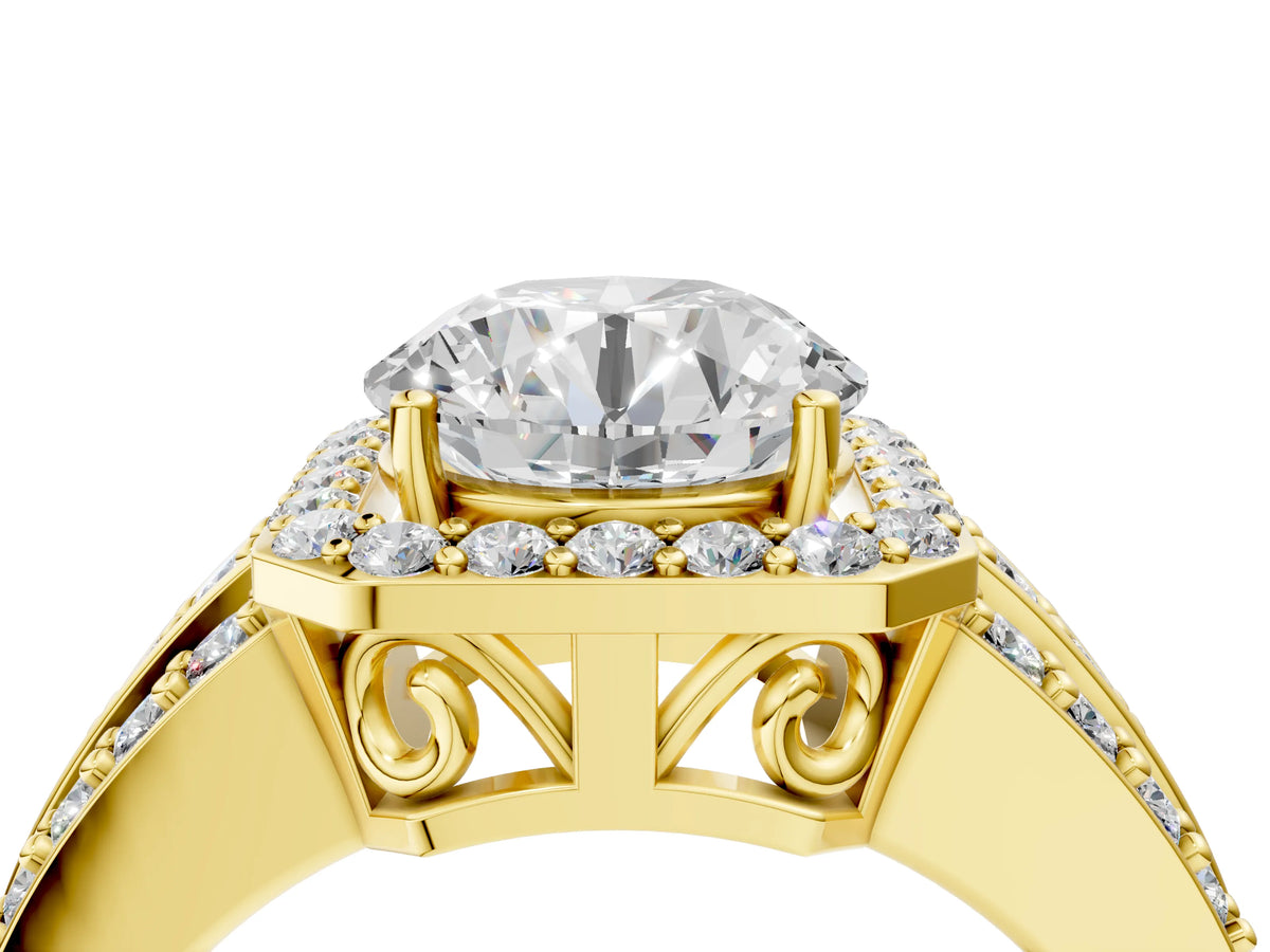 Round Cut Diamond Halo Engagement Ring in Yellow gold with Triple-Row Round Band_16