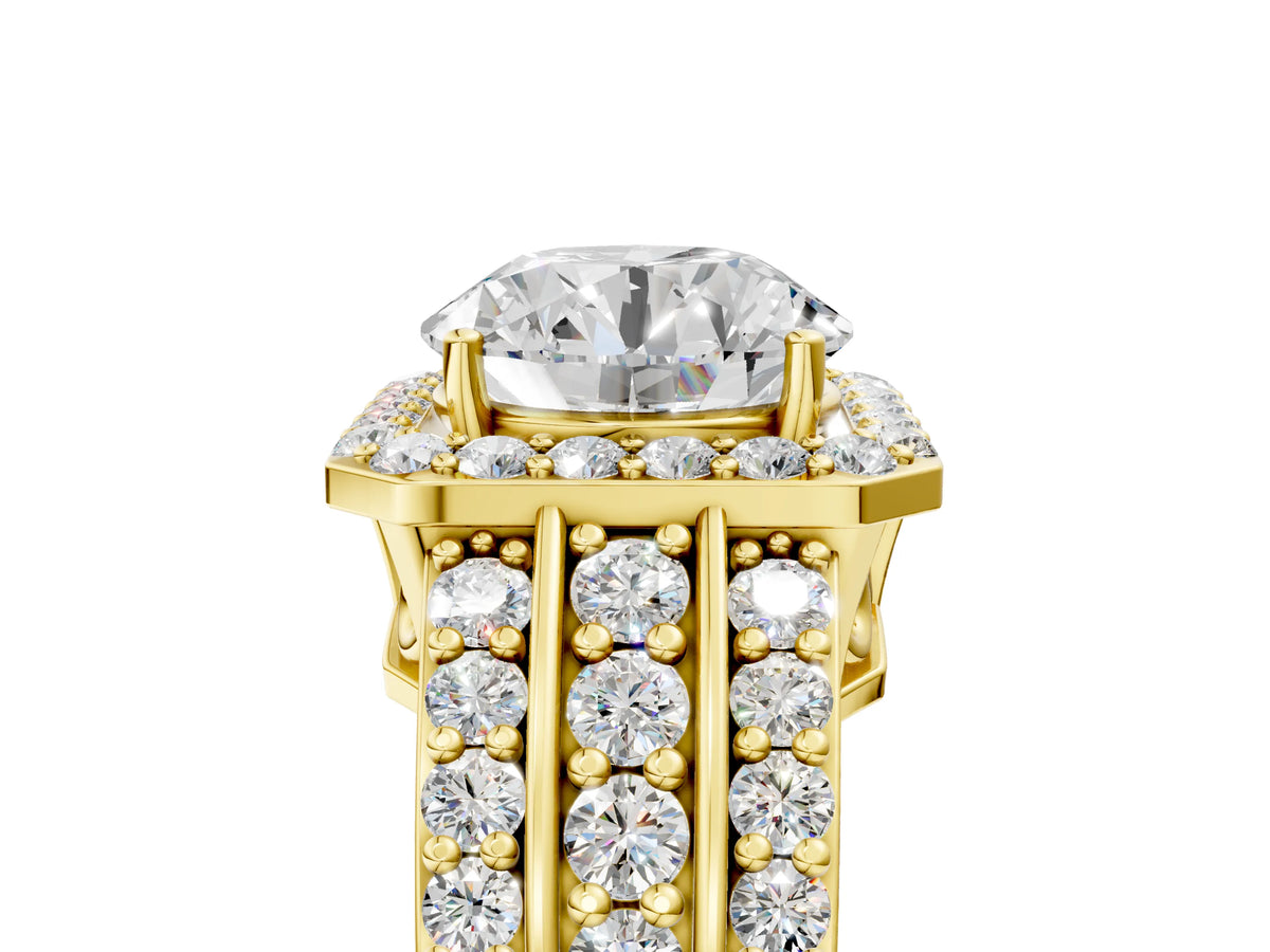 Round Cut Diamond Halo Engagement Ring in Yellow gold with Triple-Row Round Band_17