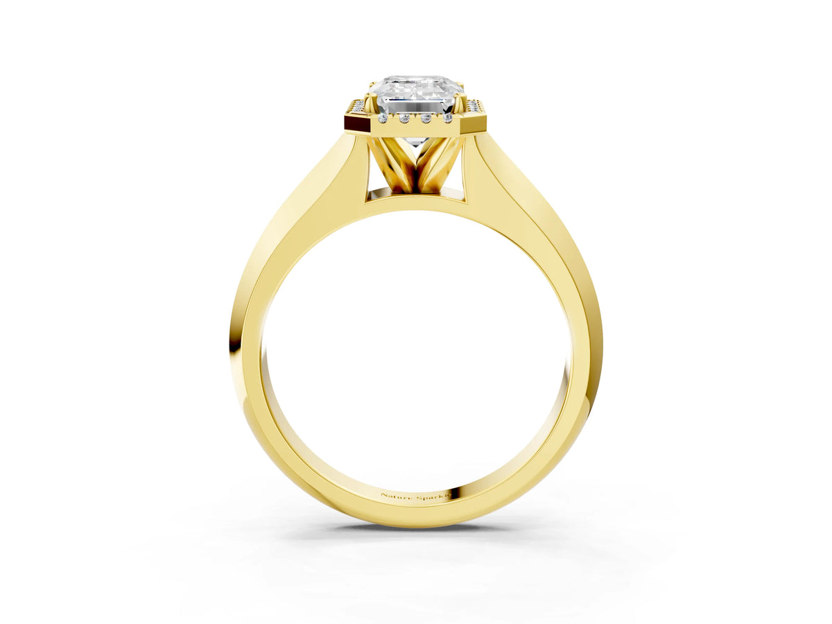 Round Cut Diamond Halo Ring in Yellow gold with Cathedral Band and Prong Setting_3
