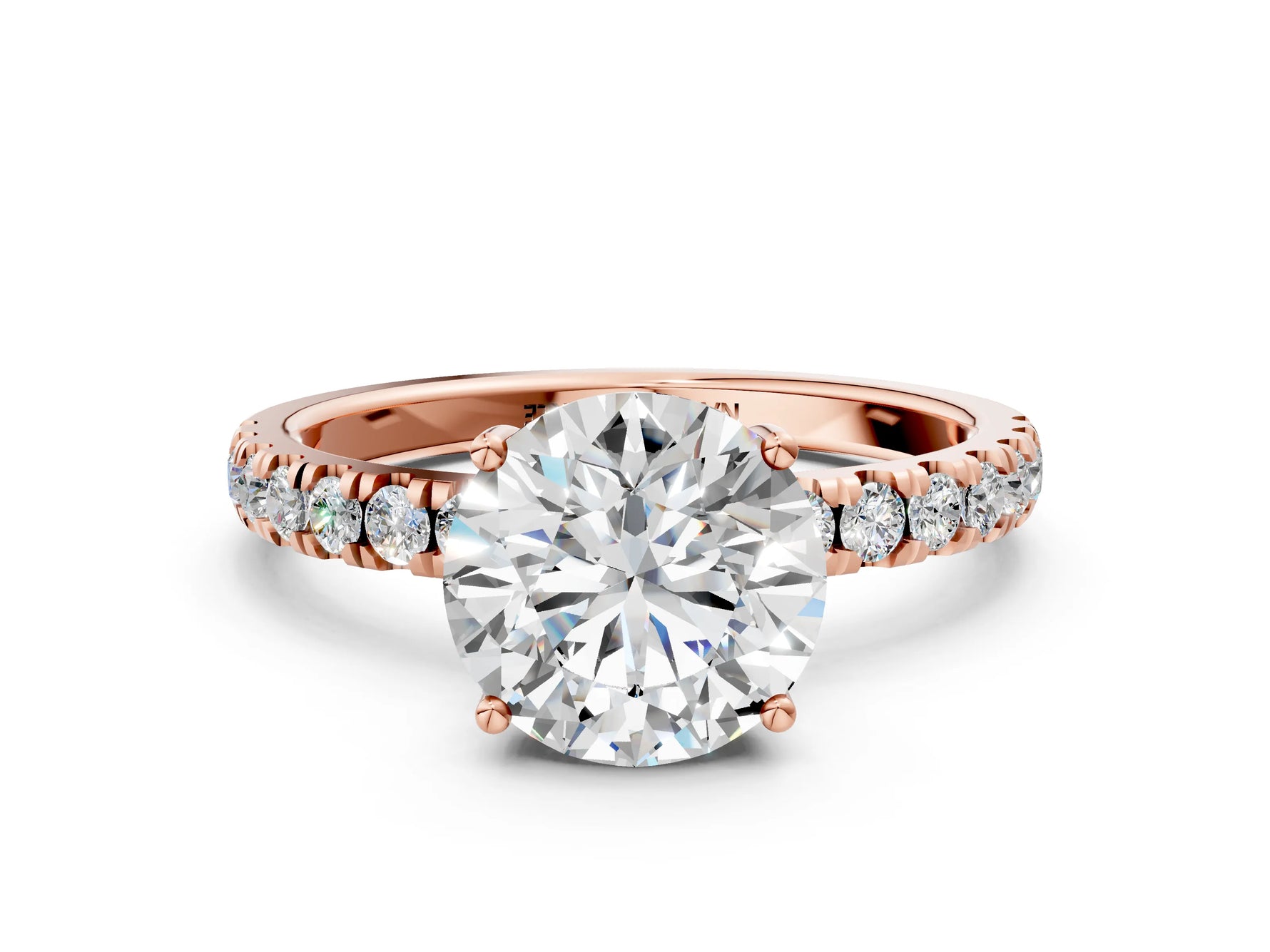 Round Cut Diamond Hidden Halo Engagement Ring in Rose gold with Round Pavé Band