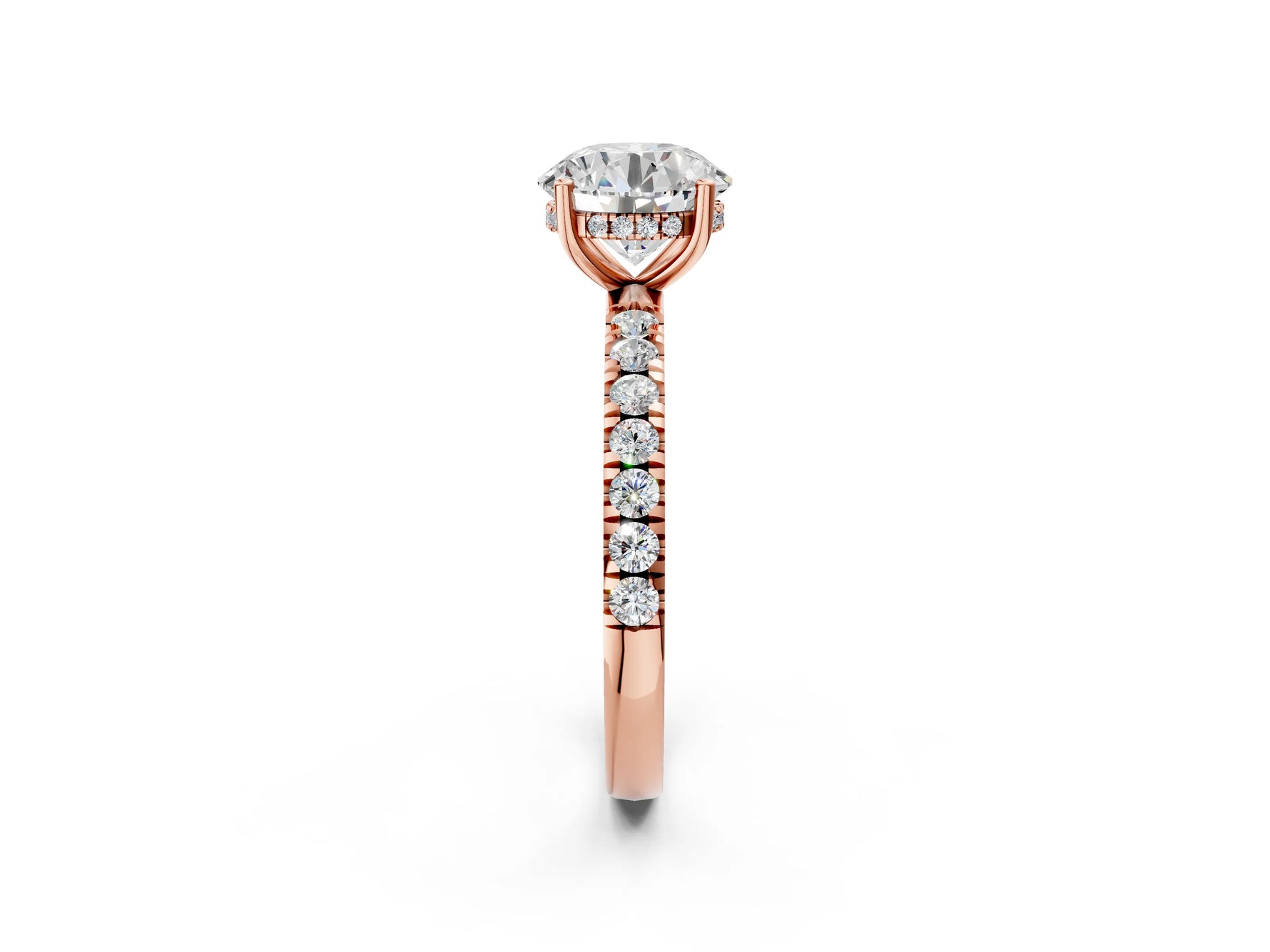 Round Cut Diamond Hidden Halo Engagement Ring in Rose gold with Round Pavé Band_2