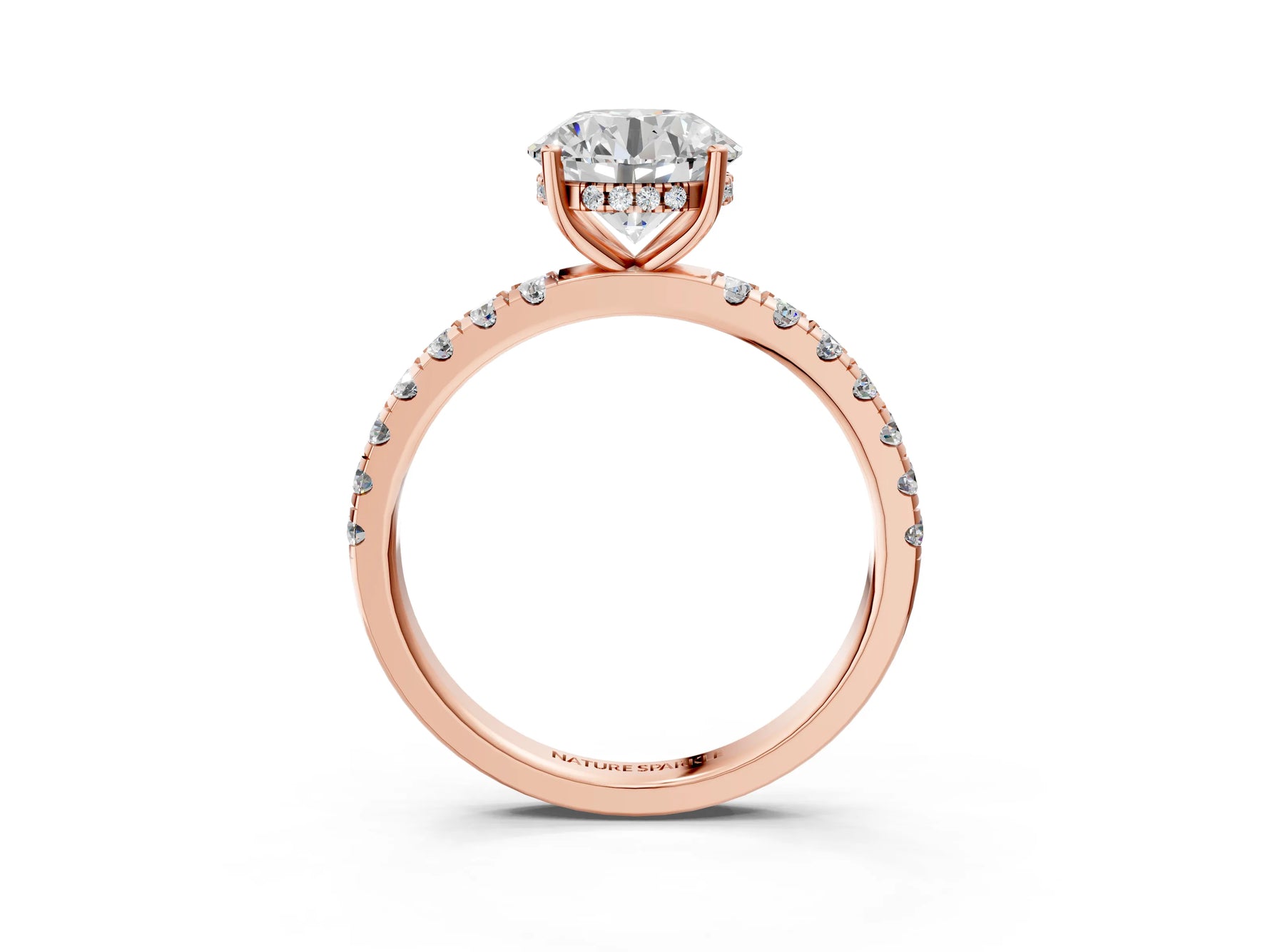 Round Cut Diamond Hidden Halo Engagement Ring in Rose gold with Round Pavé Band_3