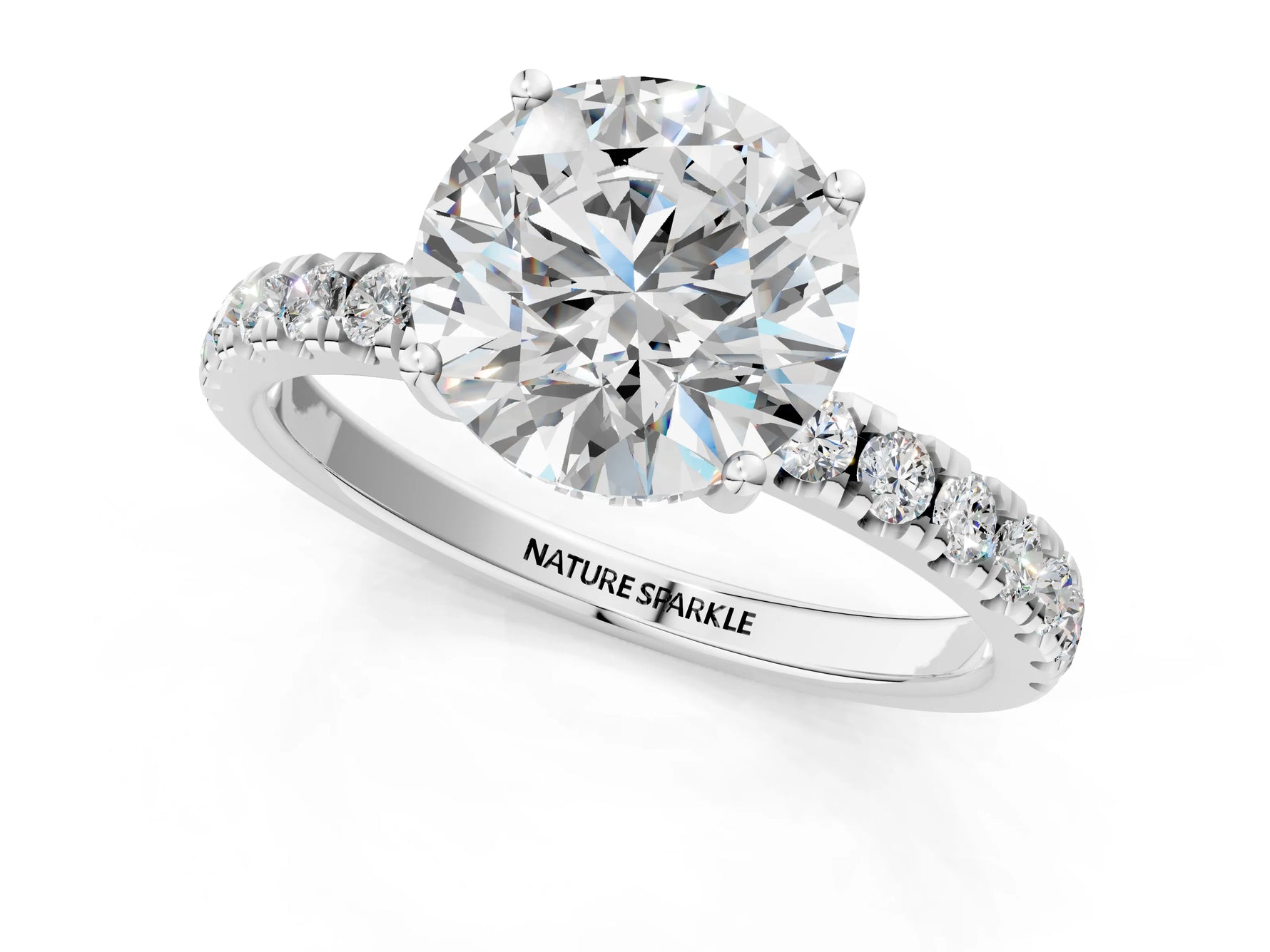 Round Cut Diamond Hidden Halo Engagement Ring in White gold with Round Pavé Band_1