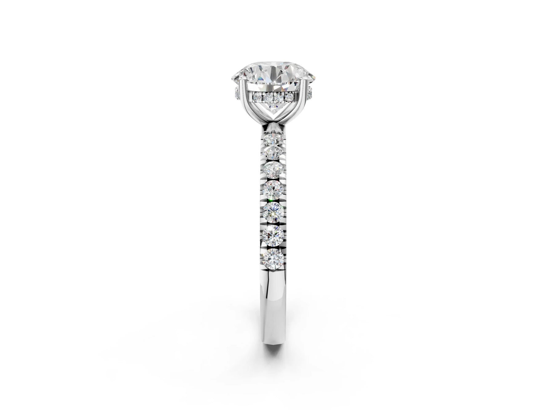 Round Cut Diamond Hidden Halo Engagement Ring in White gold with Round Pavé Band_2