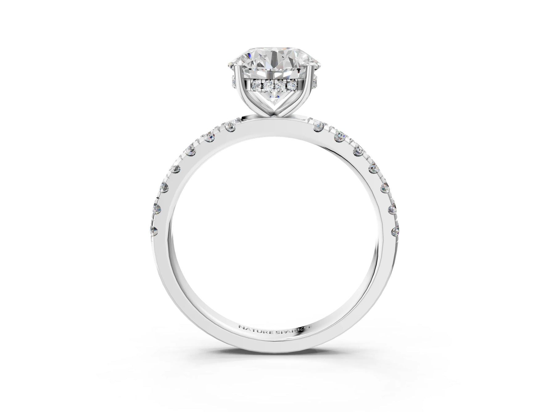 Round Cut Diamond Hidden Halo Engagement Ring in White gold with Round Pavé Band_3