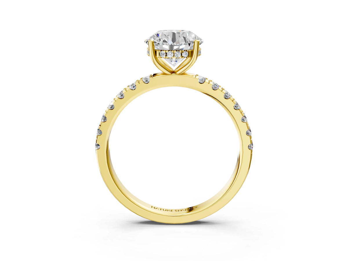 Round Cut Diamond Hidden Halo Engagement Ring in Yellow gold with Round Pavé Band_15