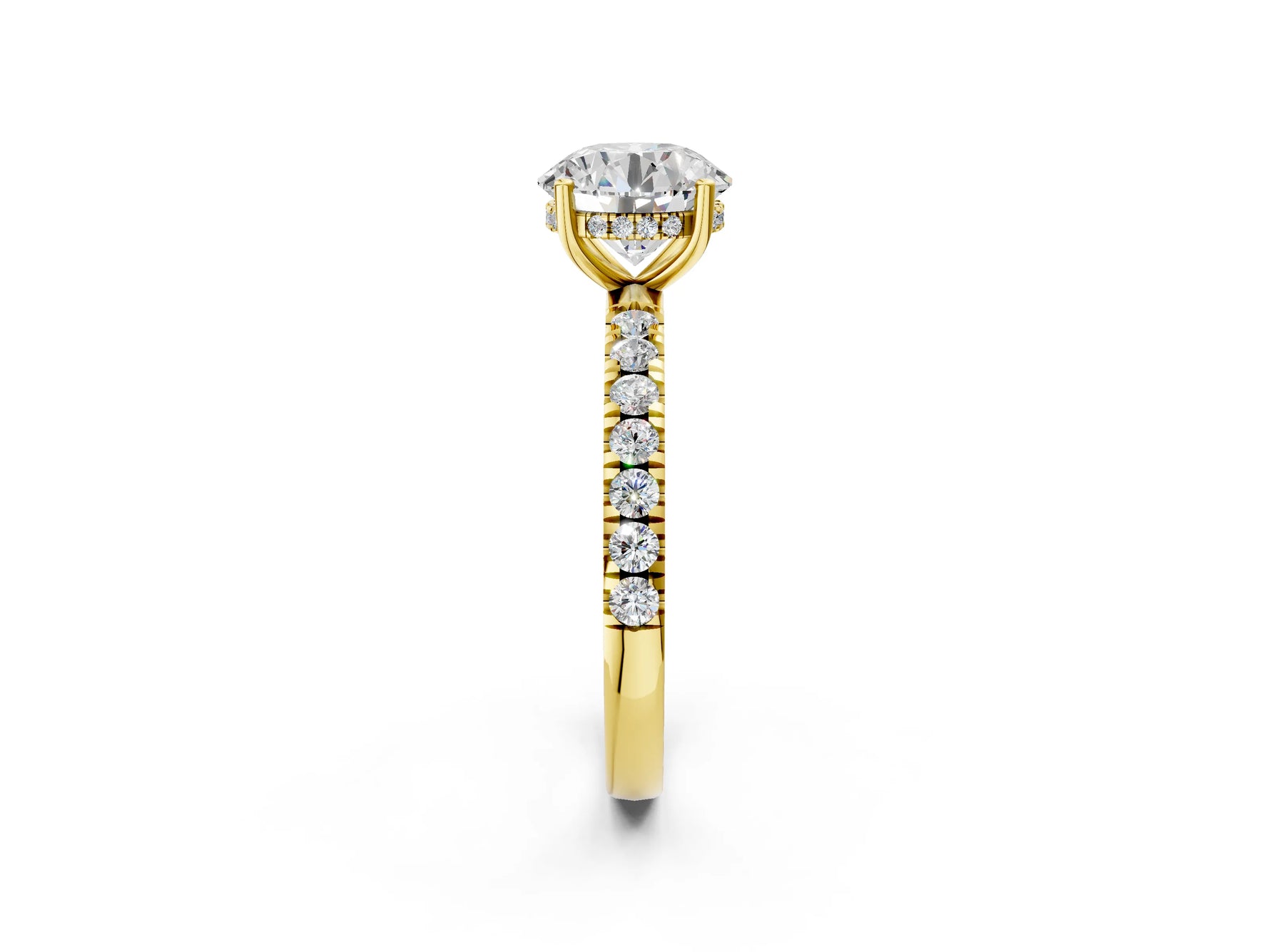 Round Cut Diamond Hidden Halo Engagement Ring in Yellow gold with Round Pavé Band_2