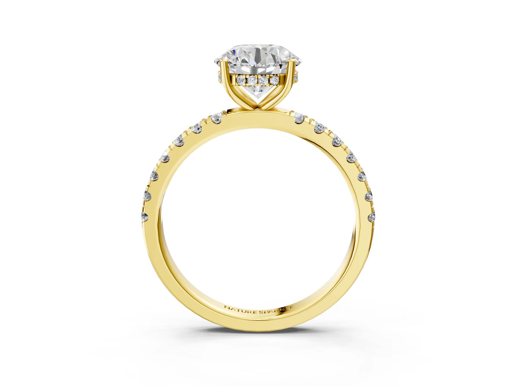 Round Cut Diamond Hidden Halo Engagement Ring in Yellow gold with Round Pavé Band_3