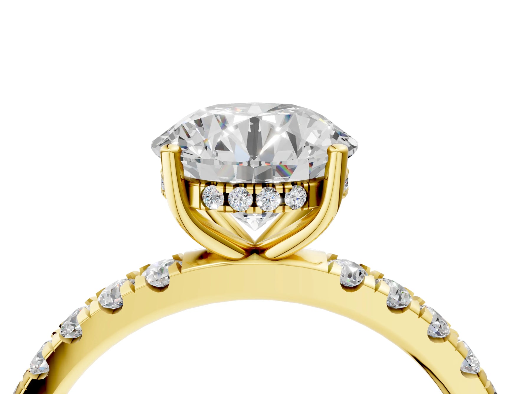Round Cut Diamond Hidden Halo Engagement Ring in Yellow gold with Round Pavé Band_4